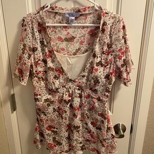Nine Co XL Top Stretch Floral Blouse Short Sleeve Shirt By Nine West